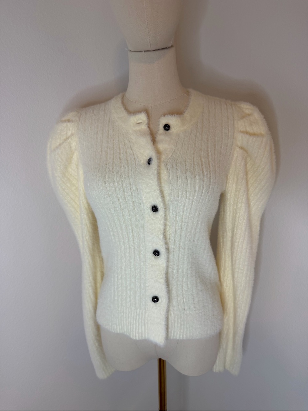 Rebecca Minkoff Cream Ribbed Puff-Sleeve Button Cardigan Size XS
